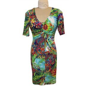 Joseph Ribkoff Colorful Stretch Ruched Dress Sz. 6 Wearable Art Flattering